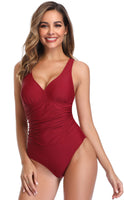 1 x RAW Customer Returns SHEKINI Women s One-Piece Swimsuit V Neck Ruched Tummy Control Swimwear Adjustable Backless Slim Beachwear M, Wine Red  - RRP €29.84