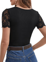 1 x RAW Customer Returns GORGLITTER Women s Elegant Lace T-Shirt V-Neck Top Stretch Tops Short Sleeve Shirt with Contrast Lace Black XS - RRP €22.18