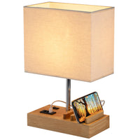 1 x RAW Customer Returns Dreamholder table lamp with 3 USB A C ports, 3 telephone stands, modern USB bedside lamp for bedroom, living room, office, bedside lamp with natural wooden base fabric shade - RRP €35.28