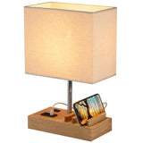 1 x RAW Customer Returns Dreamholder table lamp with 3 USB A C ports, 3 phone stands, modern USB bedside lamp for bedroom, living room, office, bedside lamp with natural wood base and fabric shade - RRP €39.99