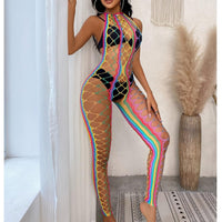 1 x Brand New HOTSO Rainbow Fishnet Bodystocking, Open Crotch Bodysuits Lingerie Sexy Tights Bikini Cover Up Long Sleeve Negligee Mini Dress for Beach Husband Girlfriend Honeymoon Style B  - RRP €27.6