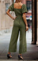 1 x RAW Customer Returns Toplop Jumpsuit Women Elegant Summer Pantsuit with Square Neckline and Belt Short Sleeve Puff Sleeves Wide Trouser Leg 362 Olive Green Small - RRP €60.11