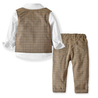 1 x RAW Customer Returns Zoerea 3 Piece Children Boys Clothing Set Shirt with Bow Tie Vest Trousers, Baby Boy Gentleman Wedding Tuxedo Baptism Brown Grid Suit White Outfit, Label 110 - RRP €28.72