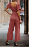 1 x RAW Customer Returns Toplop Jumpsuit Women Elegant Summer Pantsuit with Square Neckline and Belt Short Sleeve Puff Sleeves Wide Trouser Leg 362 Brick Red Large - RRP €31.0