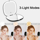 1 x RAW Customer Returns JIMACRO LED Travel Makeup Mirror, 1x 10x Magnifying Pocket Mirror with 56 LED Lights, USB Charging Folding Mirror with 3 Colors Adjustable Brightness, Ideal for Bag, Gift for Girls - RRP €22.99