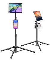 1 x RAW Customer Returns Tripod tablet stand, height adjustable holder tripod with 2 tablet holders for iPad Pro 12.9 11 10.5 9.7, iPad Air, iPad 8th 7th Gen, Tab, Surface Pro, all 9-14.5 inch tablets and smartphones - RRP €36.99