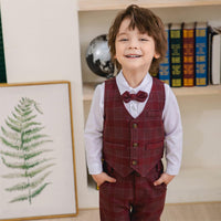 1 x RAW Customer Returns Volunboy Elegant Child Suit Shirts Bow Tie Vest Trousers, Boy Clothing 4 Pieces Gentleman Wedding Ceremony 2-3 Years, Red Plaid, Size 100  - RRP €24.0