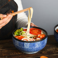 1 x RAW Customer Returns Japanese Ramen Bowl Large Soup Bowl with Lid Spoon, Vintage Ceramic Ramen Bowl, Salad Bowls, Instant Noodle Bowl - 900 ml Water Ripple Set of 2  - RRP €38.92