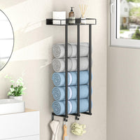 1 x RAW Customer Returns Ovicar Bathroom Towel Rack - Wall Mounted Rolled Towels Storage with Metal Shelf and 3 Hooks, 3 Rods, Wall Towel Rack for Small Bathroom, Bath Towel Organizer Black  - RRP €33.25