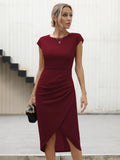 1 x RAW Customer Returns Missufe Elegant Wrap Dress Party Dress Figure-hugging Midi Dress Women s Cocktail Dress Bodycon Summer Dresses Wine Red, Medium  - RRP €46.99