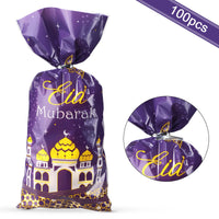 20 x Brand New 100 Eid Mubarak Party Treat Bags Ramadan Gift Bags Clear Cellophane Candy Bags with 100 Silver Twist Ties for Eid Mubarak Purple Gold  - RRP €154.0