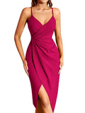 1 x RAW Customer Returns Missufe Midi Dress Cocktail Dress Wrap Dress Summer Dress Party Dress Women s Festive Elegant Bodycon Wedding Evening Dresses Sleeveless Spaghetti Strap Dresses Hot Pink, X-Small  - RRP €47.99