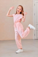 1 x RAW Customer Returns Haloumoning Girls Jumpsuits Kids Fashion Long Pants Girls Summer Short Sleeve Overall Casual Sport Jumpsuit, Pink, 8-10 Years - RRP €30.24