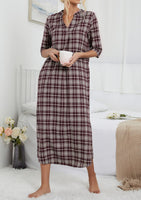 1 x RAW Customer Returns MINTLIMIT Women s Nightdress Cotton Nightwear Long V-Neck Sleepshirt with Pockets Checked, Brown, M - RRP €30.24