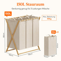 4 x Brand New Lifewit Bamboo 3 Compartments Laundry Hamper 150L, Foldable Laundry Basket Laundry Sorter Laundry Box Laundry Separator Laundry Sorting System Laundry Basket for Laundry Room, Bedroom, Beige - RRP €161.32