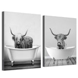 1 x Brand New UGZDEA Animal in the Bathtub Canvas Pictures, Black White Highland Cow Elephant Bathroom Poster Modern Living Room Bedroom Home Decor-without Frame A, 2x40x60cm  - RRP €21.99