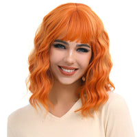 1 x RAW Customer Returns Colorful panda Orange short wavy bob wigs with bangs for women, shoulder length curly synthetic wig, natural hair heat resistant fiber wig 14 inches - RRP €23.17