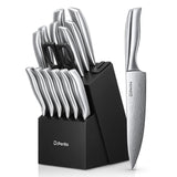 1 x RAW Customer Returns D.Perlla knife block, 15-piece self-sharpening knife block with knife, sharp stainless steel knife set with ergonomic handle and wooden block, professional kitchen knife set - RRP €66.82