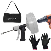 2 x Brand New DrainX Spinfeed 50 foot drum auger, manual use or drill drive, automatic extension and retraction of the plumbing snake, work gloves and storage bag in - RRP €99.98