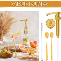 3 x Brand New shockassist Shockassist 4 pieces syrup dispenser dosing pump with 19 cm pump dispenser plastic snap-on for kitchen spice liquid bathroom liquid soap lotion with 2 spoons 1 brush gold  - RRP €30.21