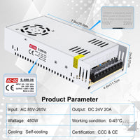 1 x RAW Customer Returns Kingwen switching power supply 24V 20A power supply adapter transformer 480W LED transformer, power supply transformer switching power supply for LED strips, AC 85V 265V to DC 24V 20A 480W. - RRP €35.99