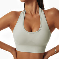 1 x RAW Customer Returns Vertvie Halterneck Sports Bra Backless Fitness Bustier Women s Padded Push Up Bra Without Underwire Sports Bra Top Yoga Bra Medium Support Workout Light Grey, M  - RRP €19.15