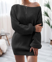 1 x RAW Customer Returns Acramy Women s Off Shoulder Pullover Dress Long Sleeve Knitted Dress One Shoulder Pullover Knitted Jumper Autumn Winter L, Black  - RRP €36.29