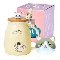 1 x RAW Customer Returns Cat Mug Cute Ceramic Coffee Mug with Kawaii Cat Wooden Lid and Lovely Stainless Steel Spoon Novelty Morning CupCoffee Milk Tea Mug - 3D Animal Cat Mugs for Cat Lover Woman - RRP €15.32