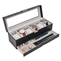 1 x RAW Customer Returns ProCase watch box with 6 compartments, watch box with glass lid, 2 levels, watch case with removable watch pillows, watch box for jewelry, rings, bracelets and necklaces - black - RRP €23.53