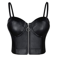 1 x RAW Customer Returns Charmian Women s Spaghetti Straps Gothic PU Leather Corset Bustier Front Zipper Crop Top Bra Black Medium - RRP €55.99