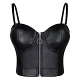 1 x RAW Customer Returns Charmian Women s Spaghetti Straps Gothic PU Leather Corset Bustier Front Zipper Crop Top Bra Black X-Large - RRP €46.8