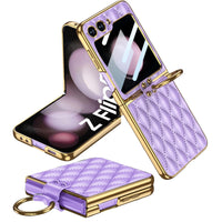 1 x RAW Customer Returns Miimall Leather Case Compatible with Samsung Galaxy Z Flip 5 Case with Camera Protection, Z Flip 5 Case with Ring Stand Electroplated Frame Shockproof Phone Case for Galaxy Z Flip 5-Purple - RRP €27.99