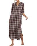 1 x RAW Customer Returns MINTLIMIT Women s Nightdress Cotton Nightwear Long V-Neck Sleepshirt with Pockets Checked, Brown, M - RRP €30.24