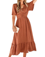 1 x RAW Customer Returns BebreezChic Summer Dress Women Long Boho Elegant Short Sleeve V-Neck High Waist Swiss Dot Ruched Floral Beach Dress Maxi Dress, Caramel L - RRP €49.99