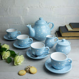 1 x Brand New City to Cottage - Ceramic tea set for 4 Light blue and white Polka dots Handmade Ceramic teapot 1.7 liters, milk jug, sugar bowl, 4 teacups with saucers - RRP €151.21