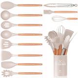 1 x RAW Customer Returns 12 Piece Kitchen Utensil Set, Silicone Kitchen Utensil Set, Non-Stick Heat-Resistant Wooden Handle Cooking Cutlery with Utensil Holder, Silicone Spatula Cookware Set, Dishwasher Safe Khaki  - RRP €21.99