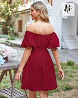 2 x Brand New BebreezChic Summer Dress Women Boho Floral Mini Dress Short Sleeve Off Shoulder High Waist Party Dress Beach Dress Knee Length Dress 2023, Solid Raspberry Red XL - RRP €55.2