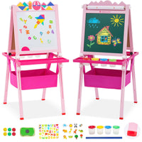 1 x RAW Customer Returns Multi-Activity Board, Double-Sided Children s Blackboard with Height-Adjustable Easel, Paper Roller, Tangram Puzzle Game, Whiteboard, Cartoon Stickers and Painting Accessories - RRP €78.73