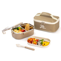 1 x RAW Customer Returns Lille Home Bento Lunch Box for Adults, 920ml Stainless Steel Thermal 2-Compartment Tiffin Lunch Snack Box, Insulated Bento Food Container with Split Lunch Bag and Utensils Brown  - RRP €25.2