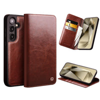 1 x RAW Customer Returns qichenlu Robust cowhide retro brown genuine leather folding case for Galaxy S24 Plus, certified genuine leather cell phone case with card slot stand, book flip cover wallet case for Samsung Galaxy S24 Plus - RRP €35.65