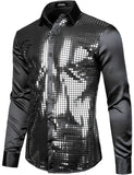 1 x RAW Customer Returns JOGAL Men s Sequin Long Sleeve 70s Style Shirt Black Silver XXL - RRP €36.99