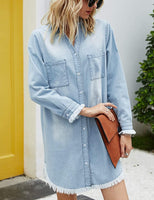 1 x RAW Customer Returns Zilcremo Women s V-Neck Blouse Dress Denim Dresses Long Sleeve Button Down Shirt Dress Tunic Dresses Top Light Blue L - RRP €39.99