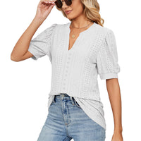 1 x RAW Customer Returns EDOTON Women Short Blouse V Neck T-Shirts Casual Summer Solid Color Hollow Bubble Sleeve Loose Knit Blouses Women T-Shirts XL,A White  - RRP €19.99