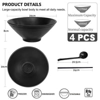 1 x RAW Customer Returns Greentainer Ramen bowl made of melamine 4 pieces Japanese tableware set 40 OZ 1170 ml soup bowls Noodle bowl with chopsticks and spoon for salad, large bowl for children and adults Black - RRP €30.23