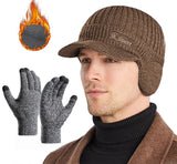 2 x Brand New Rayson Beanie Hat Gloves Set Warm Winter Hat with Earflaps Winter Men s Knitted Earflap Hat Knitted Hat Neck Warmer Touchscreen Driving Gloves,Khaki - RRP €55.2