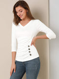 1 x Brand New Allegra K Women s V Neck 3 4 Sleeves Solid Knit Button Decor Ribbed Top White 3XL - RRP €29.99