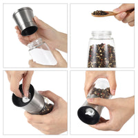 1 x RAW Customer Returns Vzaahu Salt and Pepper Mills Set of 2 with Ceramic Core, with Storage Base, Silver, Adjustable Coarseness, Portable, Refillable Spice Grinders, Birthday in the Kitchen, Housewarming Gifts - RRP €19.92