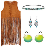 10 x Brand New WILDPARTY 5PCS Hippie Costume for Women, Sleeveless Fringe Tank Top, Retro Sunglasses, Earring, Headband, Hippie Costume Accessories 60s 70s Disco Halloween Faux Suede Vest - RRP €241.9