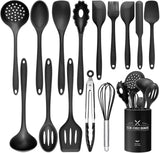 1 x RAW Customer Returns 15 Pieces Kitchen Cooking Utensils Set, Silicone Kitchen Helper Set with Utensil Holder, Heat Resistant Cooking Cutlery Set, Dishwasher Safe, Non-Stick Coated Black  - RRP €22.99