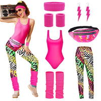 1 x RAW Customer Returns HIQE-FL 80s accessories outfit women, women s 80s workout costume, 80s outfit women 80s accessories, with fanny pack, headband, leg warmers, for carnival, fancy dress, theme party - RRP €28.75